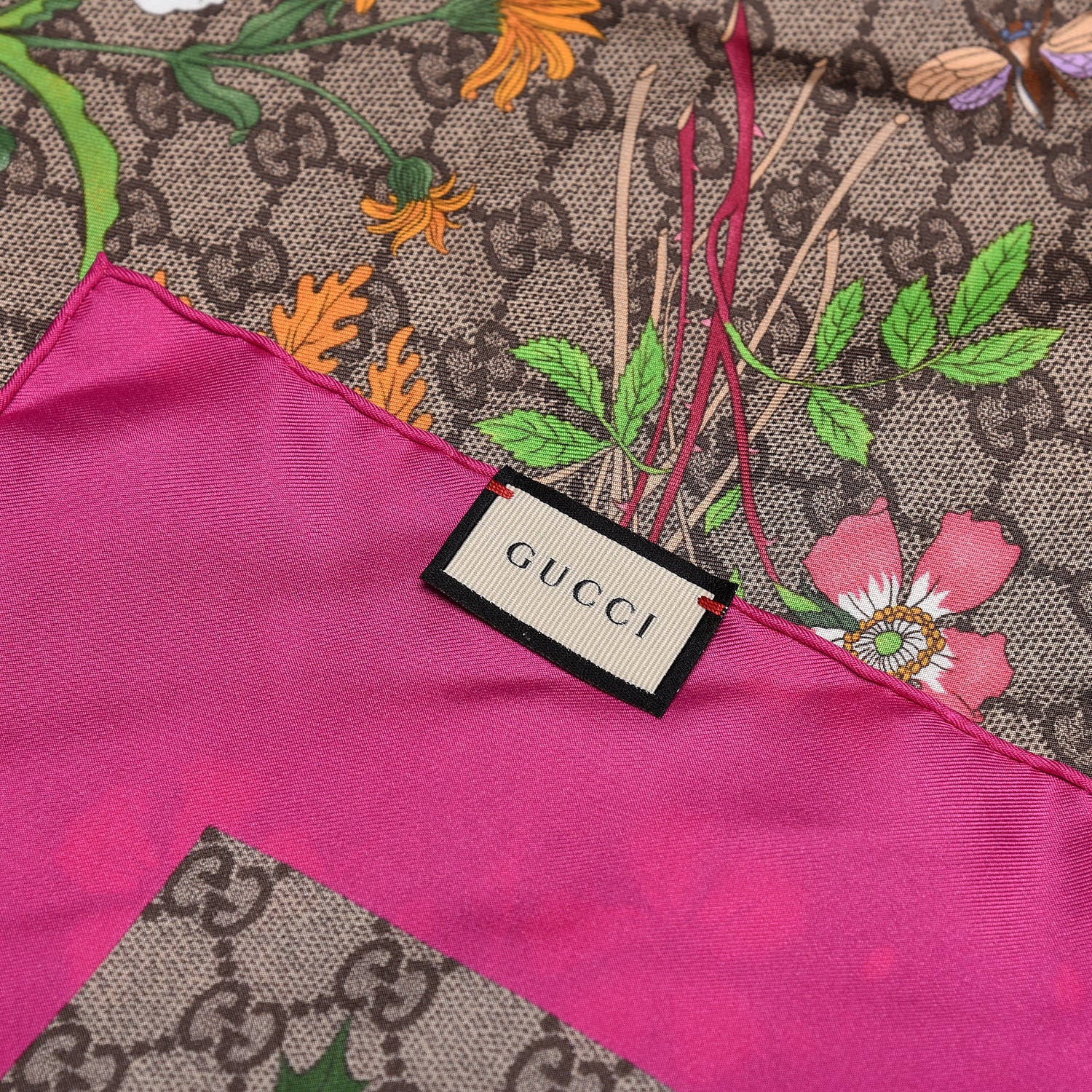 Gucci Silk Twill GG Monogram Flora Fluo GG Square Scarf Beige Pink 4 of 5