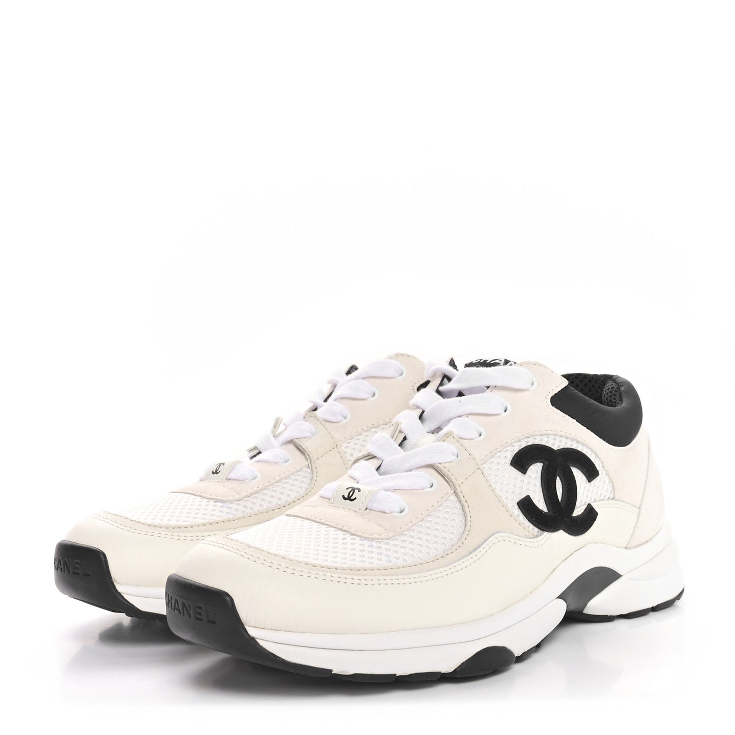 Mesh Suede Calfskin Grained Calfskin Womens CC Sneakers 38.5 White Black