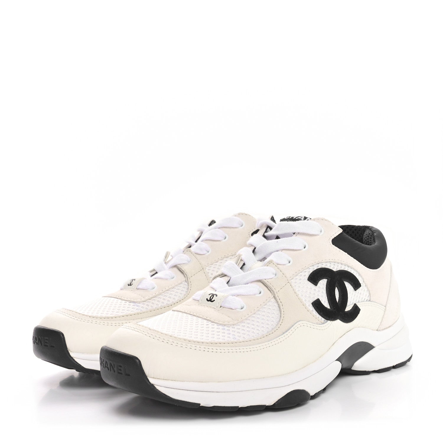 Chanel Mesh Suede Calfskin Grained Calfskin Womens CC Sneakers 38.5 White Black 4 of 9