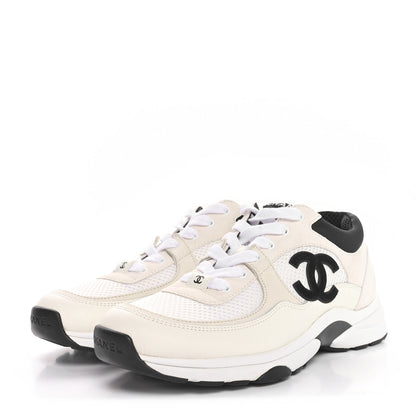 Chanel Mesh Suede Calfskin Grained Calfskin Womens CC Sneakers 38.5 White Black 4 of 9