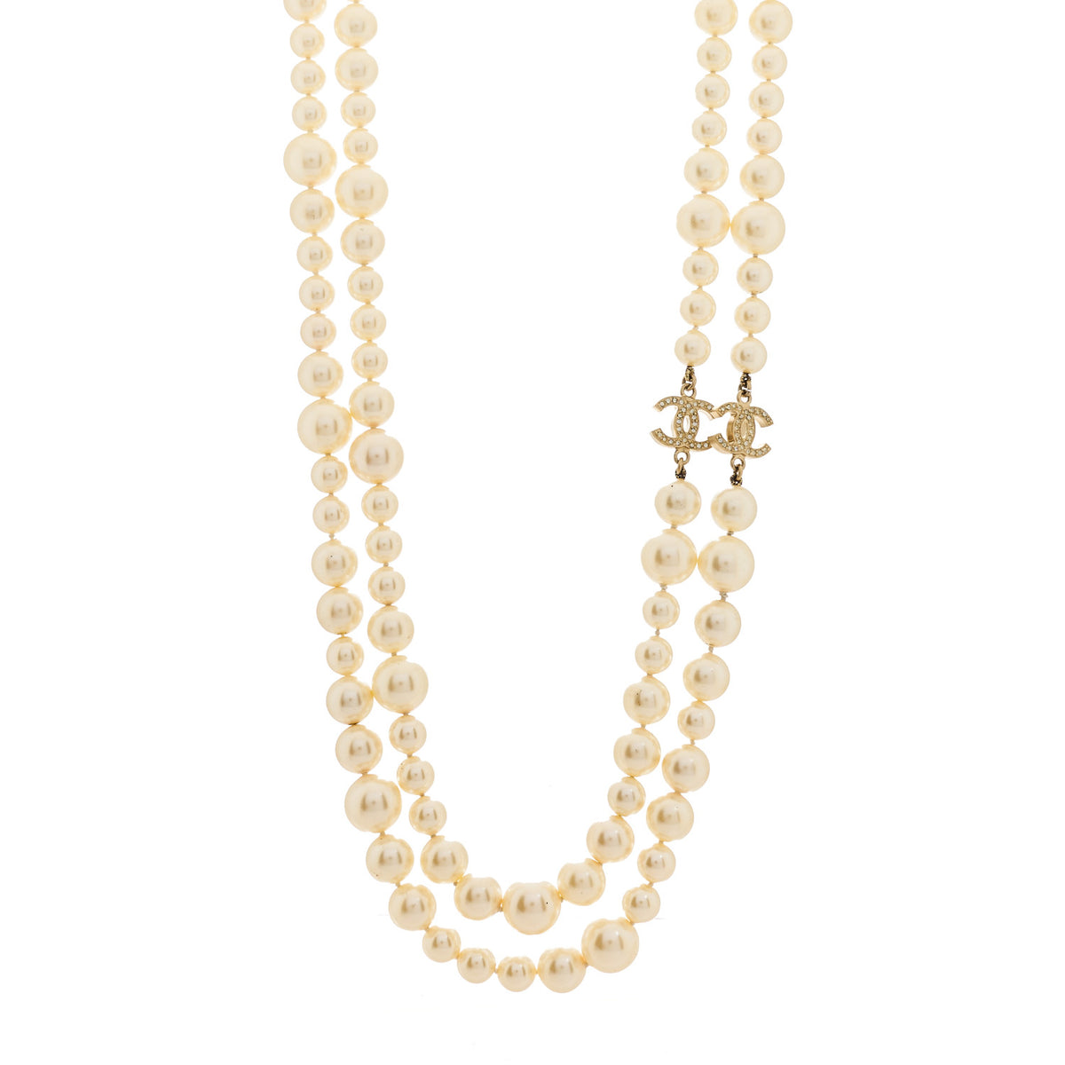 Graduated Pearl Crystal CC Long Necklace Silver