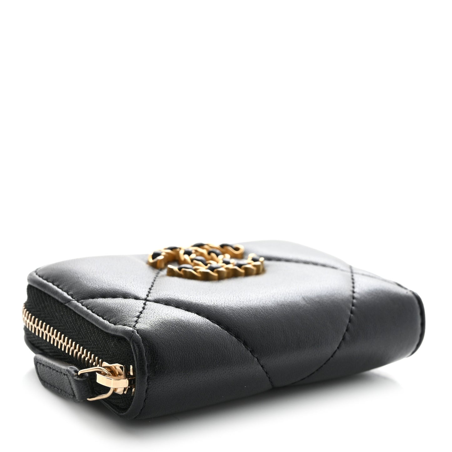 Lambskin Quilted Chanel 19 Zip Around Coin Purse Wallet Black