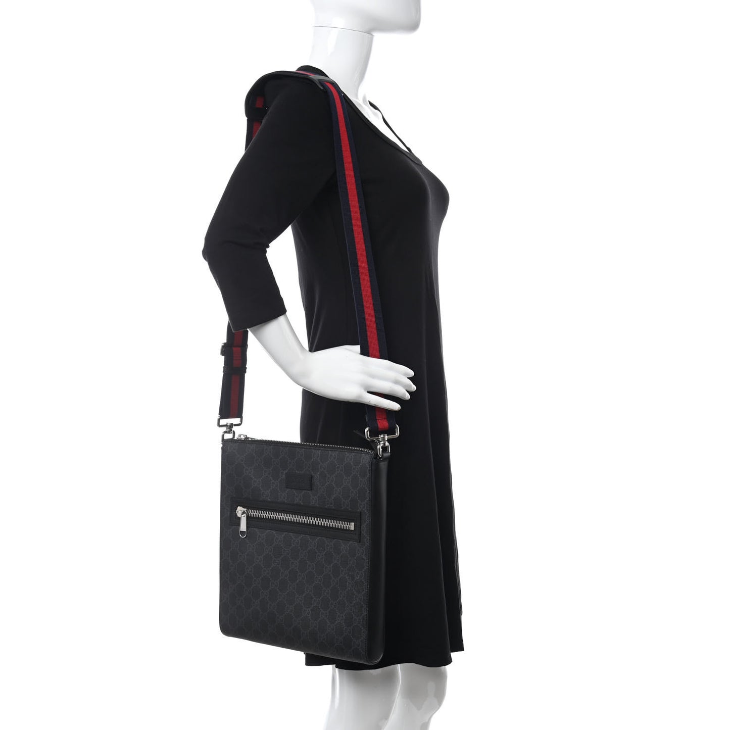 GG Supreme Monogram Appia Calfskin Web Flat Messenger Bag Black Grey