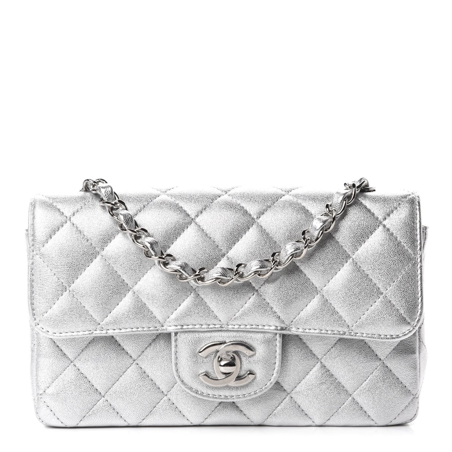 Metallic Lambskin Quilted Mini Rectangular Flap Silver