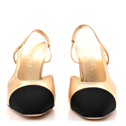 Chanel Laminated Crumpled Lambskin Grosgrain Cap Toe CC Slingback Pumps 39.5 Gold Black 3 of 10