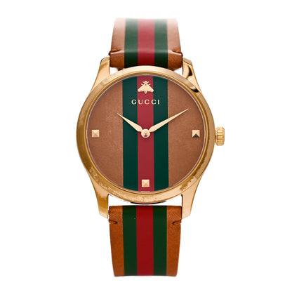 Gucci Stainless Steel Calfskin 38mm G-Timeless Stripe Web Quartz Watch Brown 1 of 5