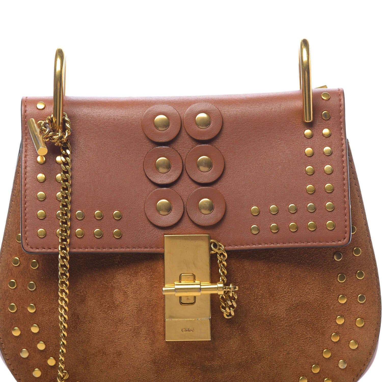 Chloe Suede Smooth Calfskin Studded Drew Shoulder Bag Caramel 9 of 9
