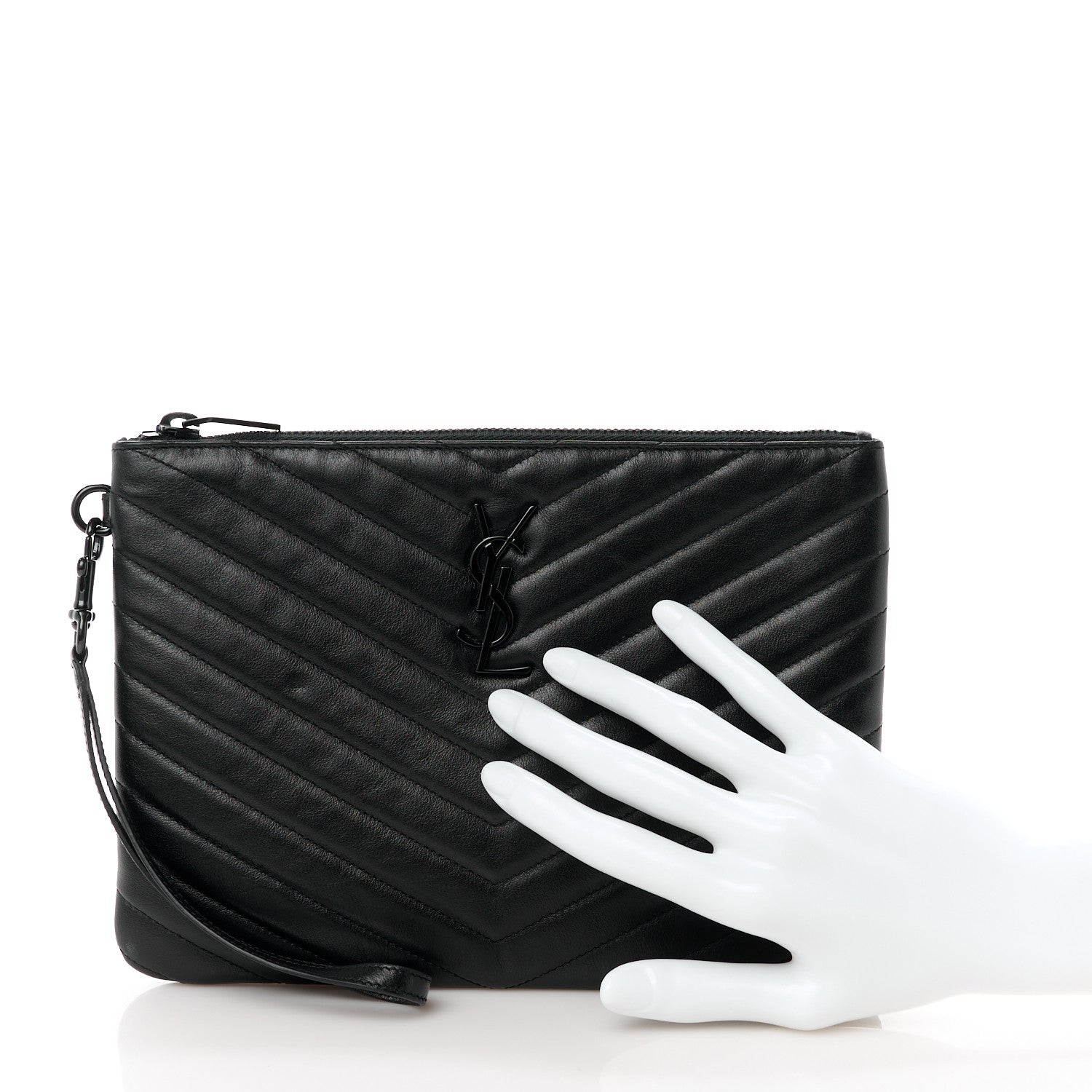 Saint Laurent Calfskin Matelasse Chevron Monogram A5 Wristlet Black 2 of 11