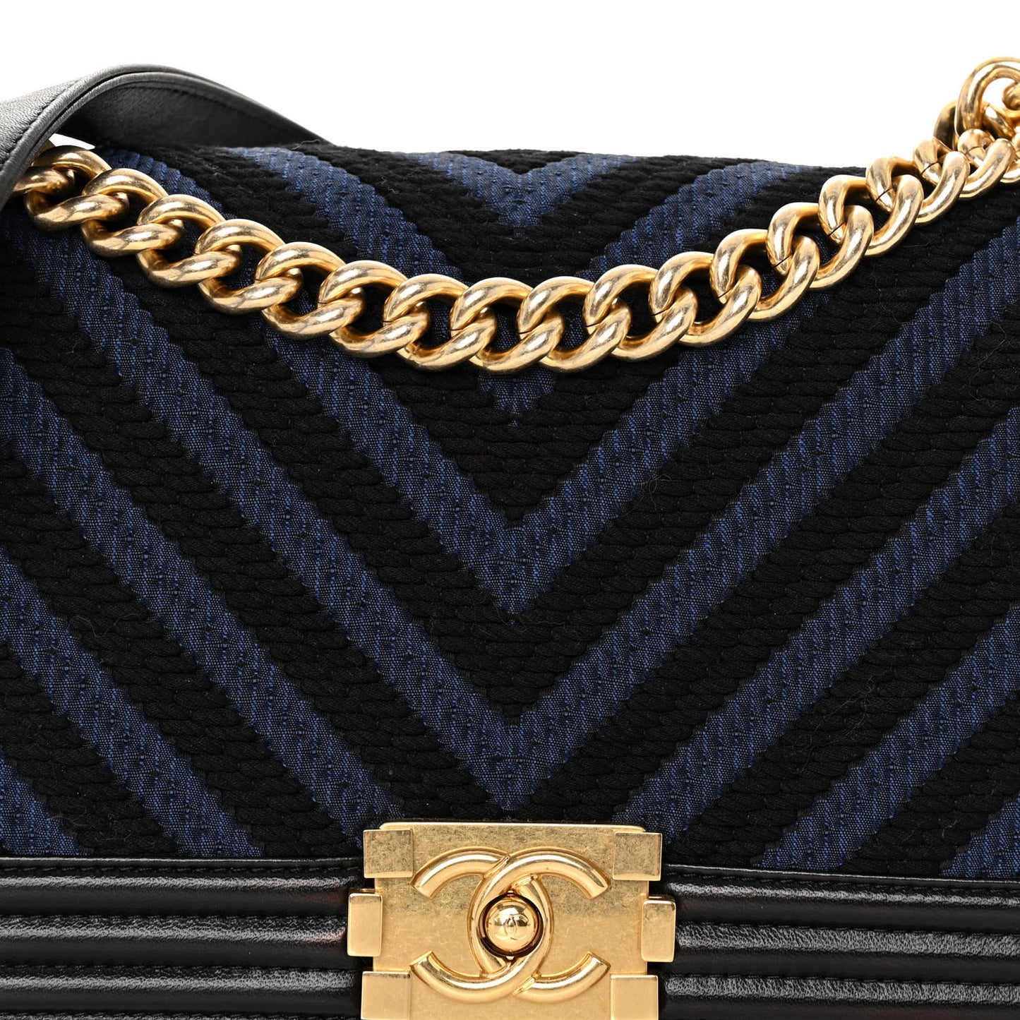 Fabric Chevron Braided Medium Boy Flap Black Navy