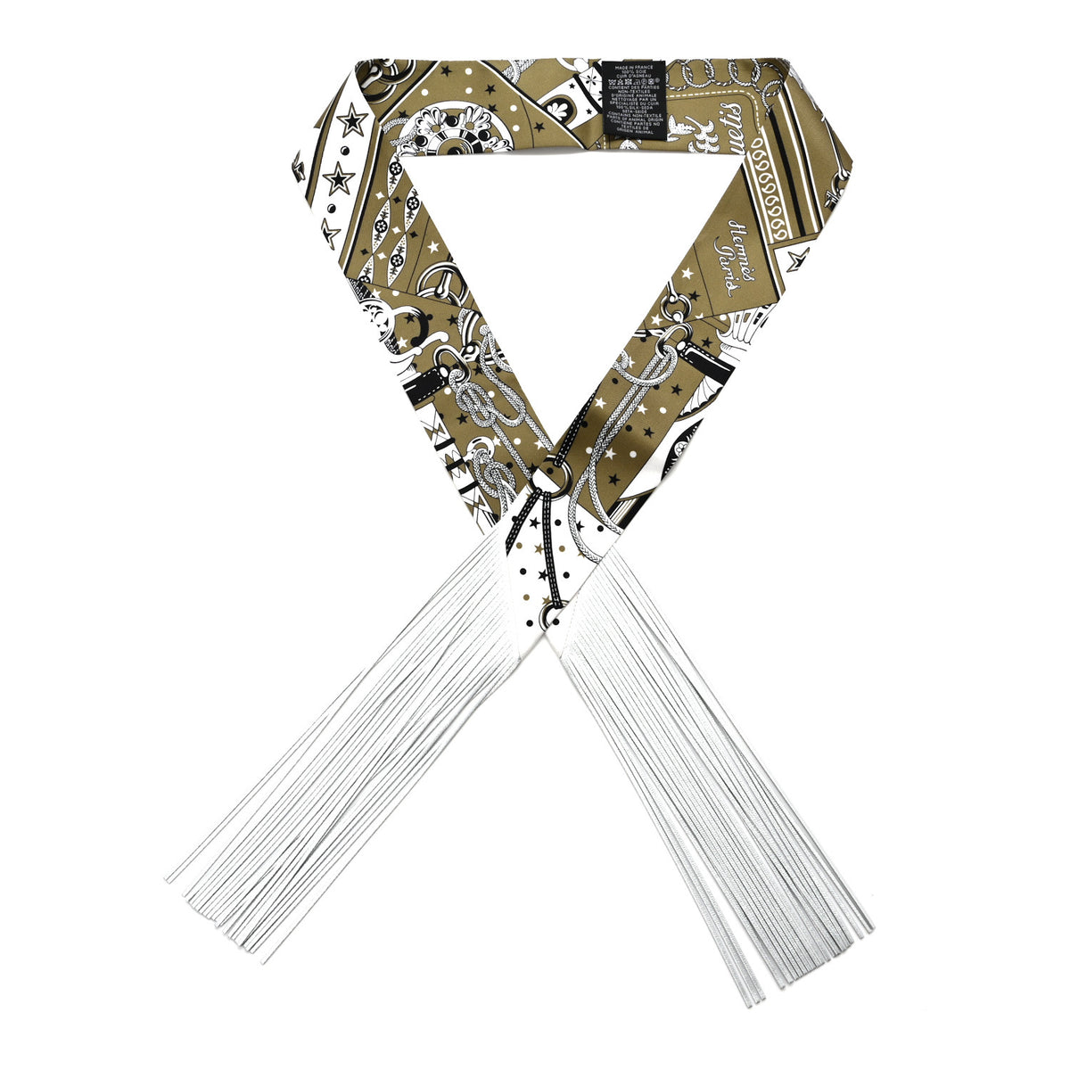 Hermes Bandana Fringes Twilly Kaki White Black 1 of 4