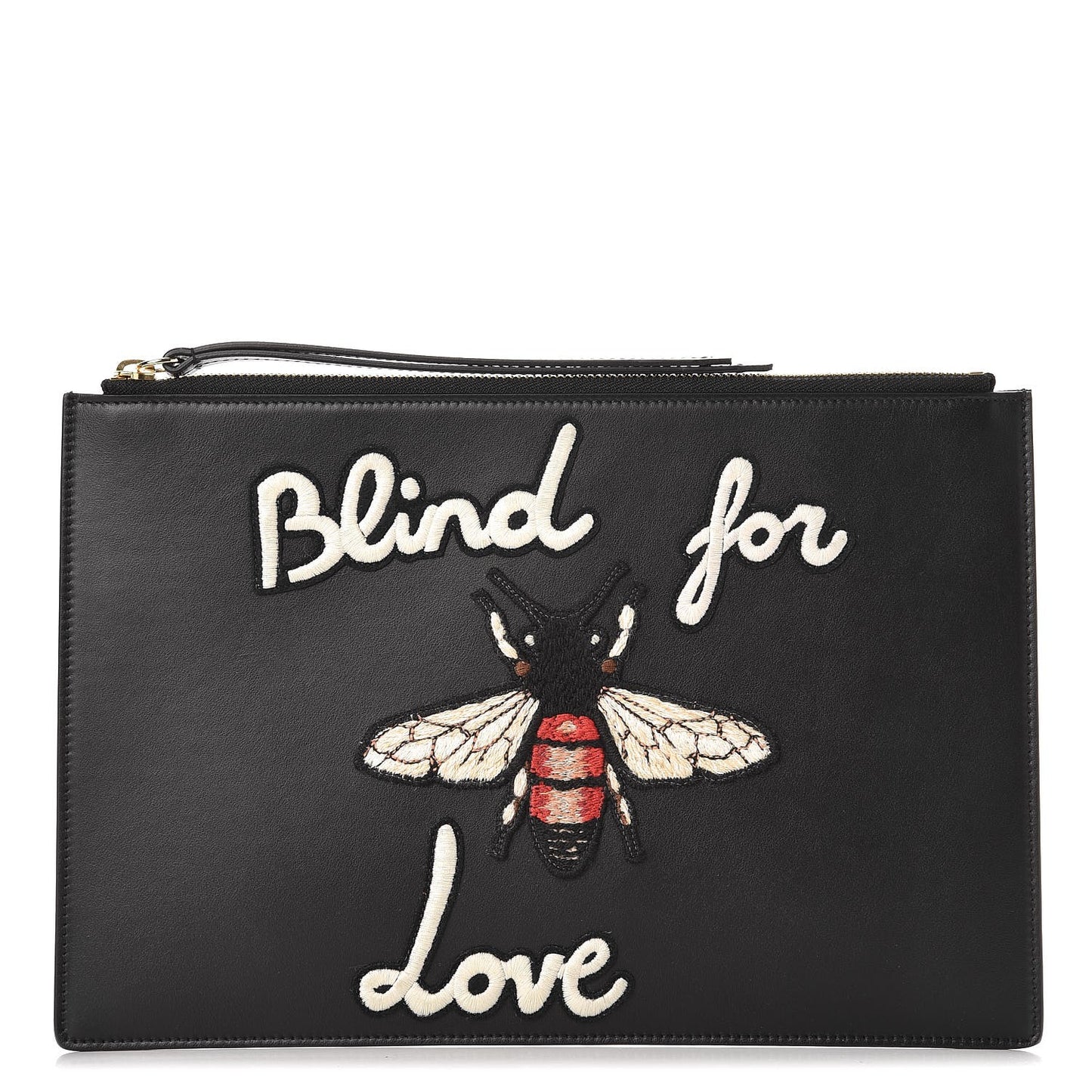 Calfskin Blind For Love Embroidered Large Zip Pouch Black