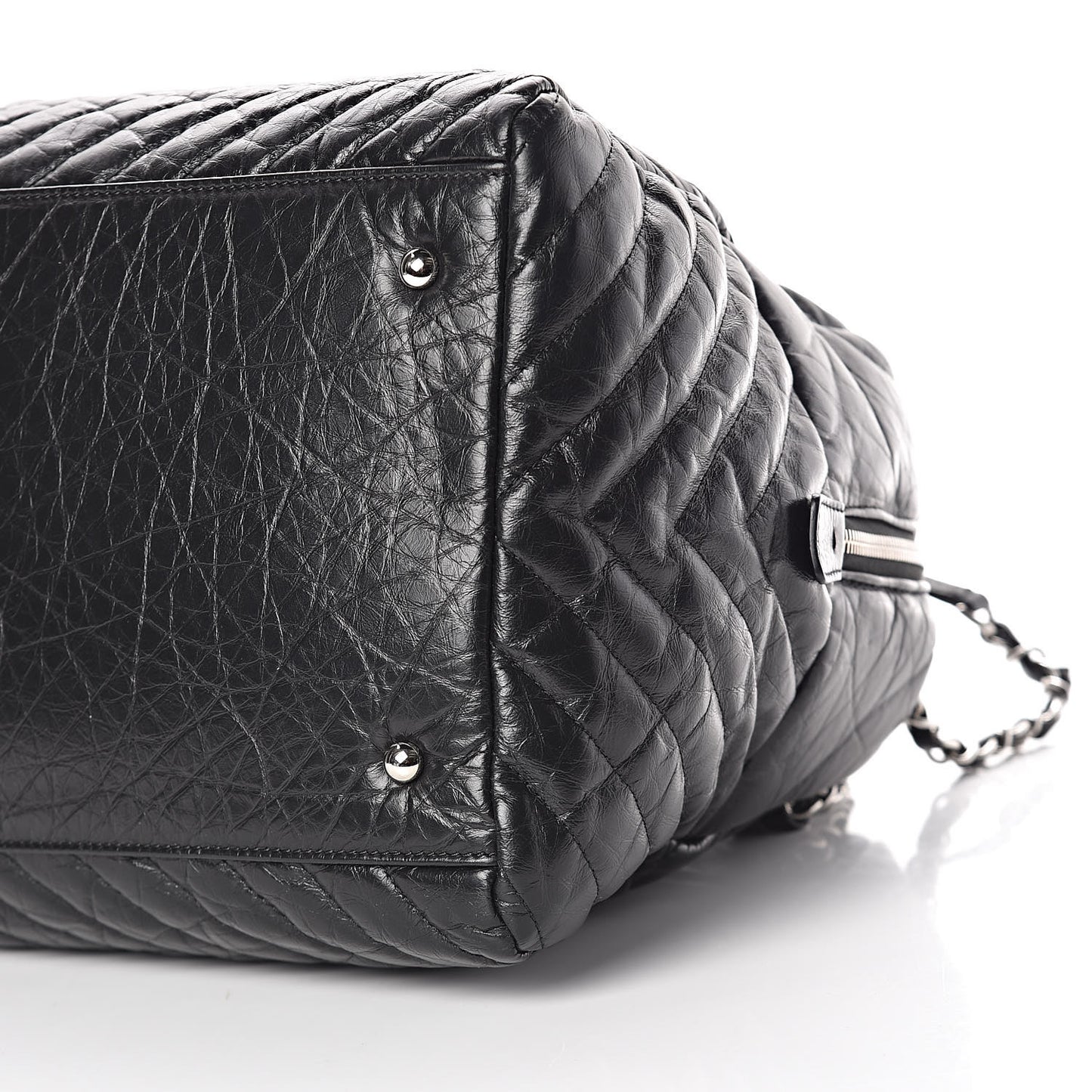 Aged Calfskin Chevron Large Soft Bowling Bag Black