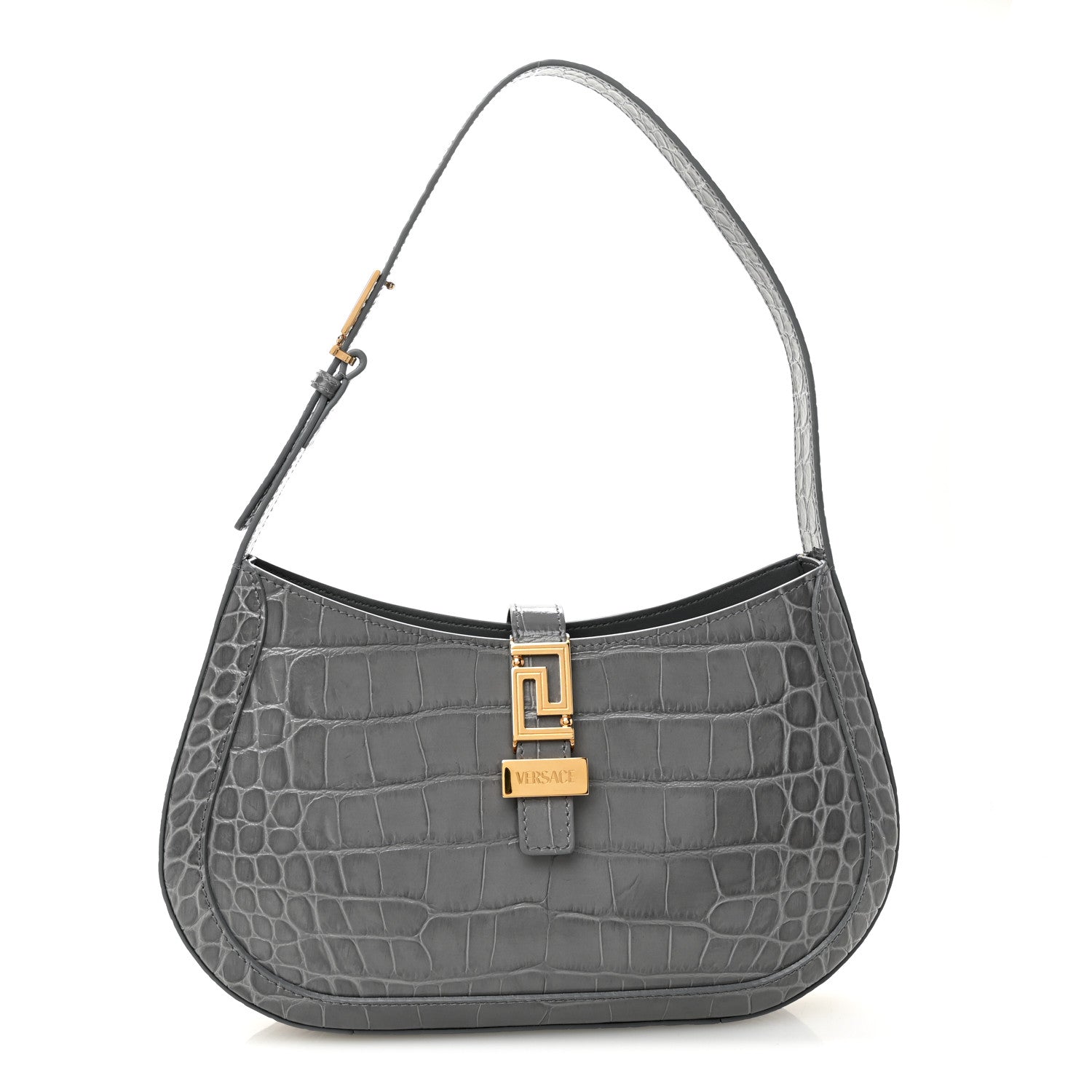 Versace Calfskin Crocodile Embossed Large Greca Goddess Bag Charcoal 1 of 10