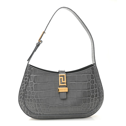 Versace Calfskin Crocodile Embossed Large Greca Goddess Bag Charcoal 1 of 10