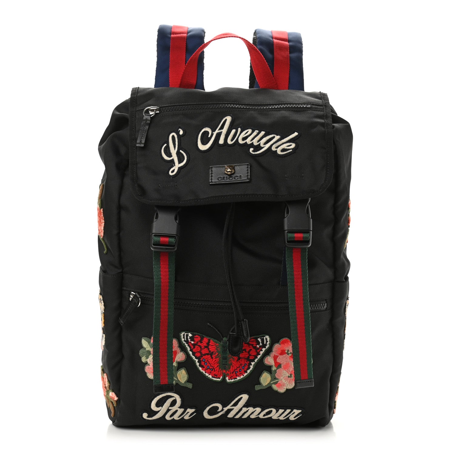 Gucci Techno Canvas Web L'Aveugle Par Amour Embroidered Double Buckle Backpack Black 1 of 12