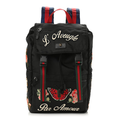 Gucci Techno Canvas Web L'Aveugle Par Amour Embroidered Double Buckle Backpack Black 1 of 12
