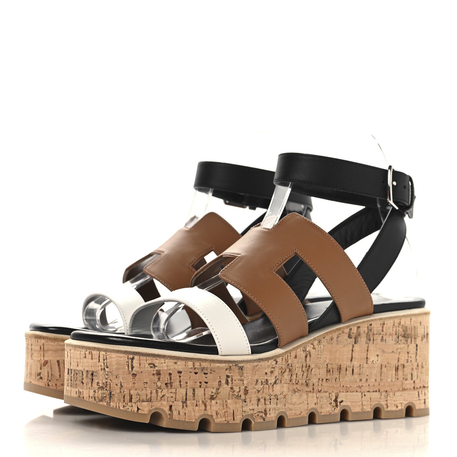Hermes Calfskin Cork Havane 30 Wedge Sandals 38 Black Gold White 4 of 9