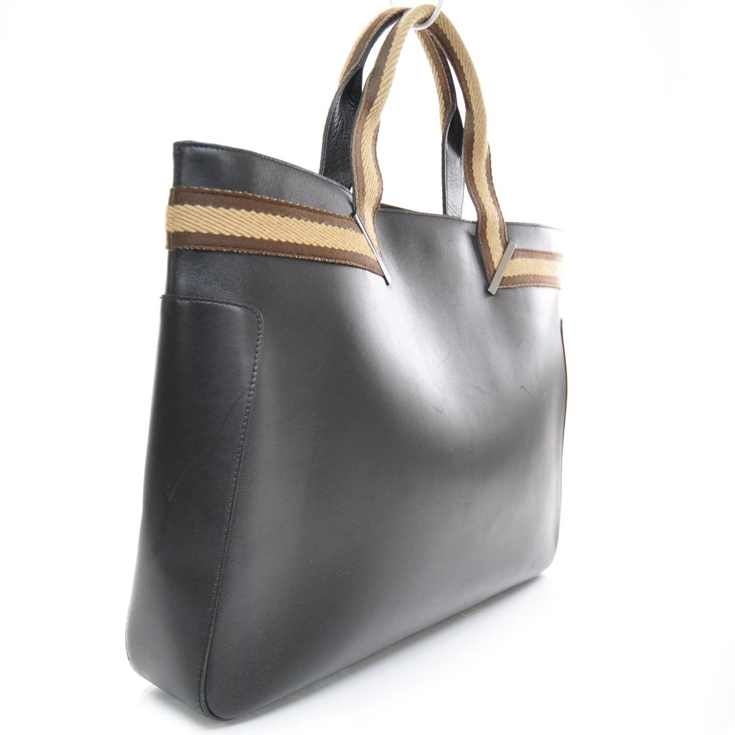 Smooth Leather Web Handles Tote Black