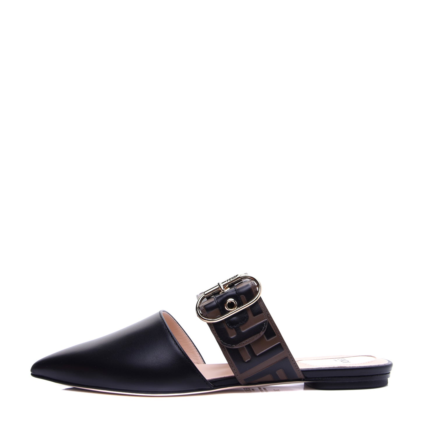 Vitello FF Embossed Buckle Flat Mules 38 Maya Black