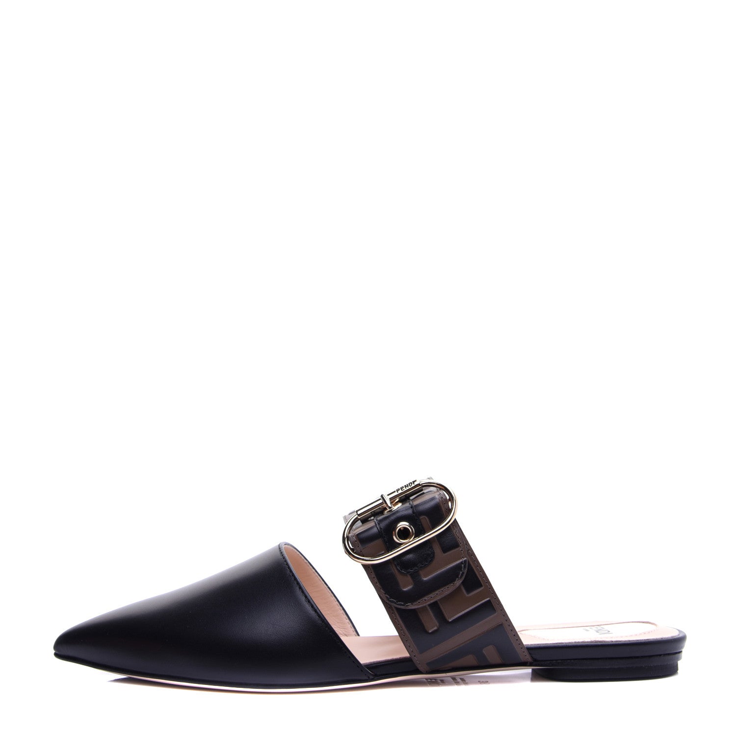 Fendi Vitello FF Embossed Buckle Flat Mules 38 Maya Black 1 of 14