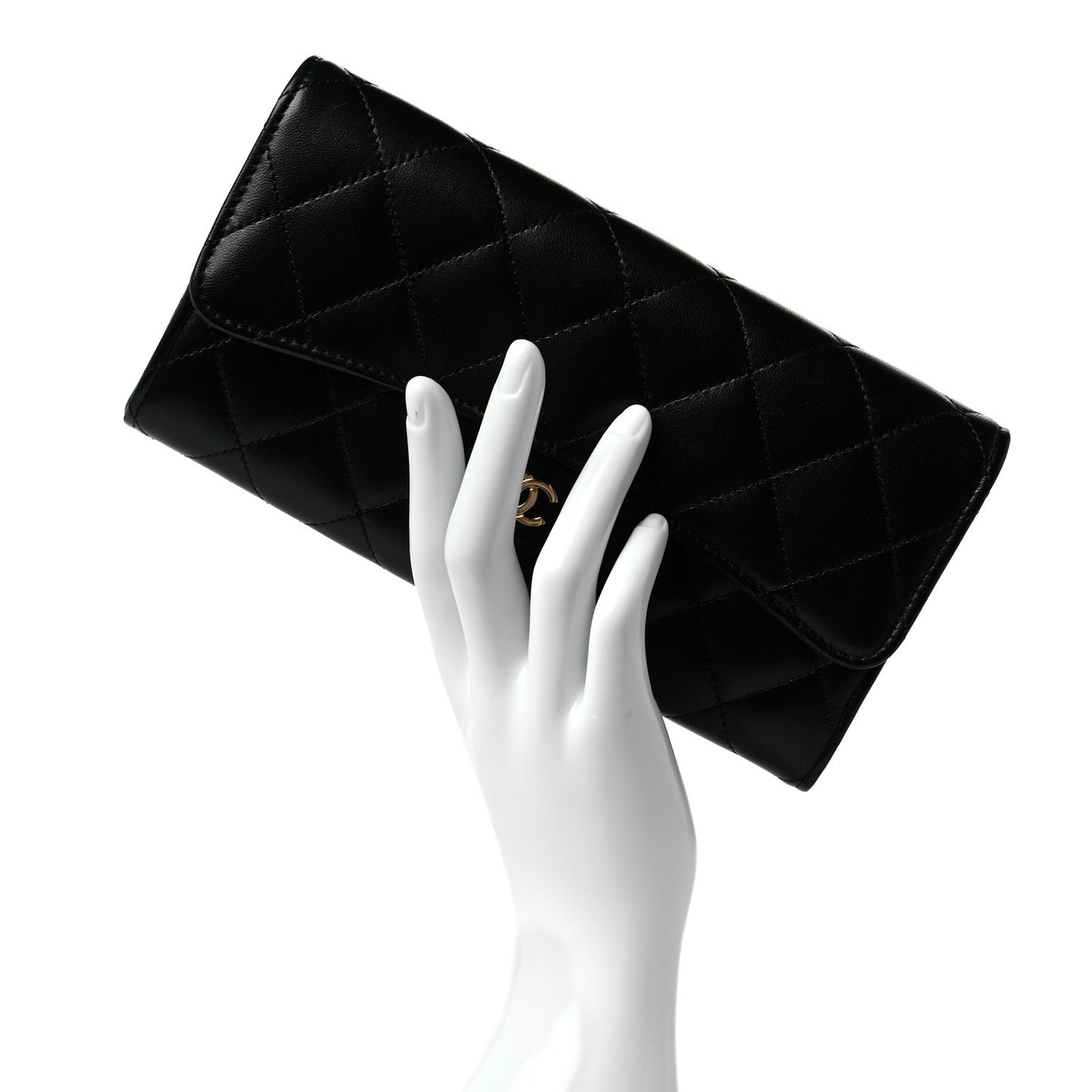 Lambskin Quilted Large Gusset Flap Wallet Black