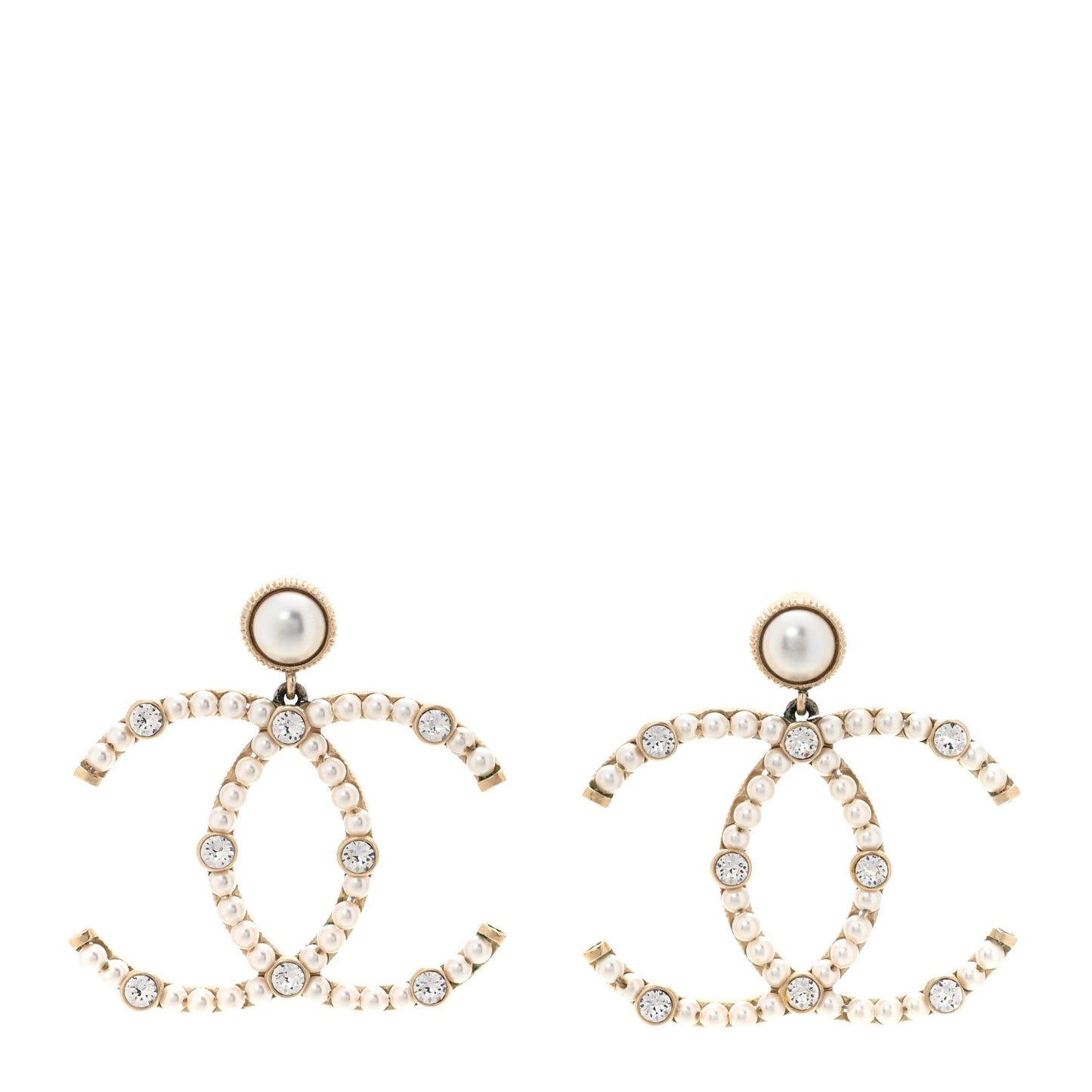 Metal Crystal Pearl CC Drop Earrings Gold