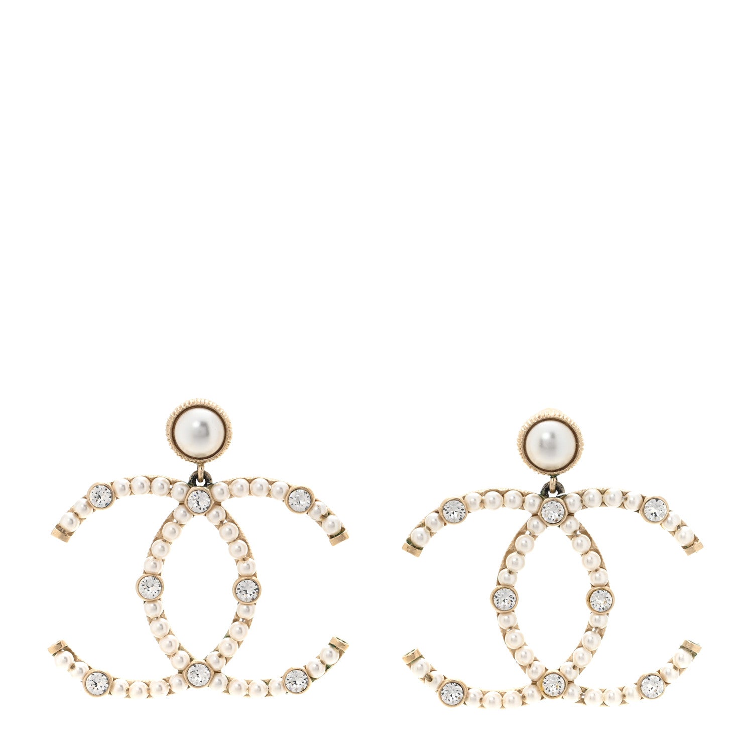 Chanel Metal Crystal Pearl CC Drop Earrings Gold 1 of 5