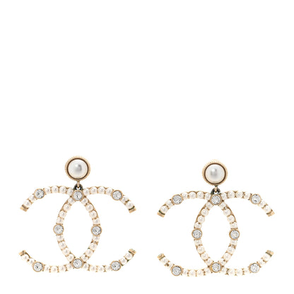 Chanel Metal Crystal Pearl CC Drop Earrings Gold 1 of 5