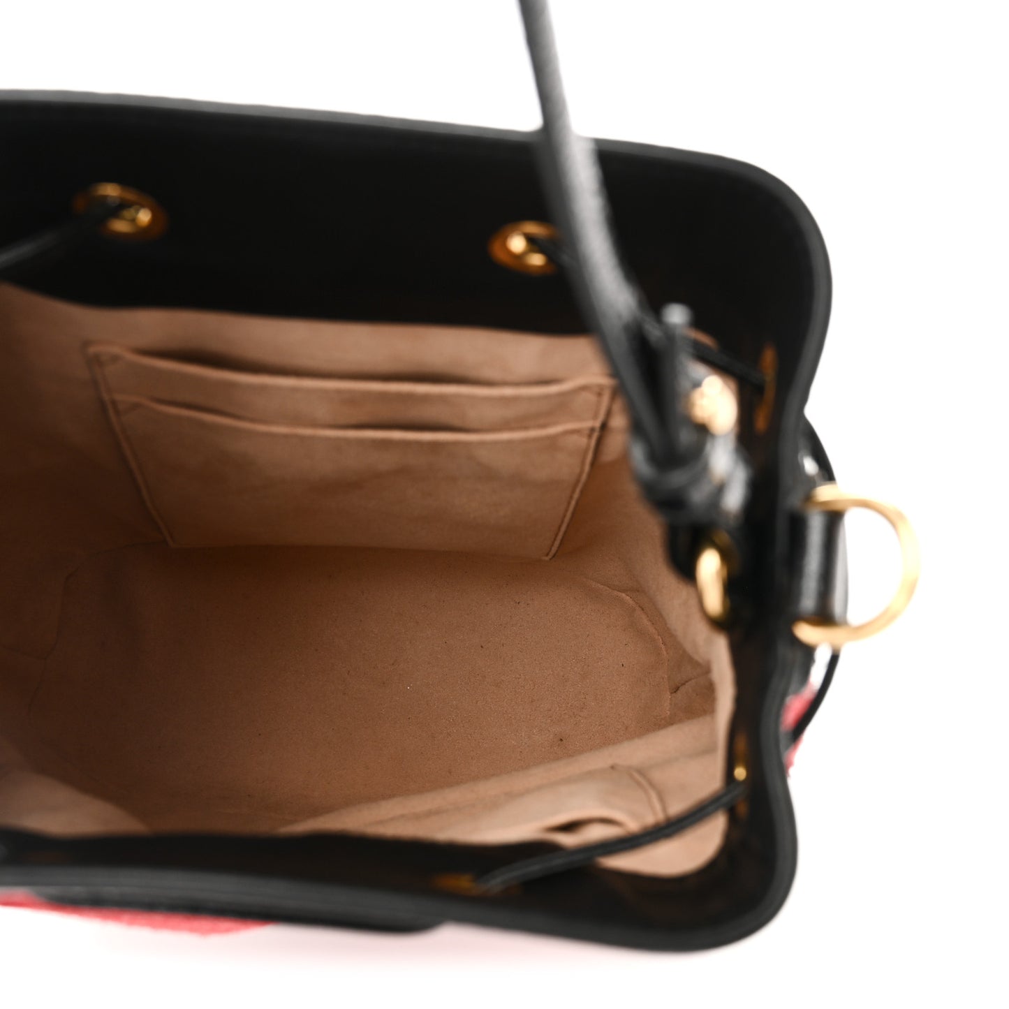 Suede Patent Web Small Ophidia Bucket Bag Hibiscus Red Black
