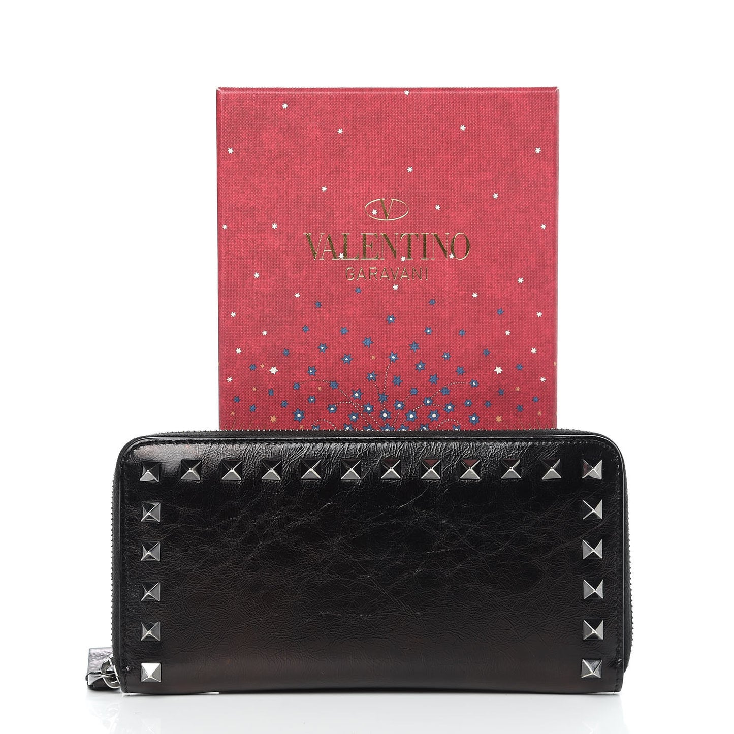 Craquele Calfskin Rockstud Zip Around Wallet Black