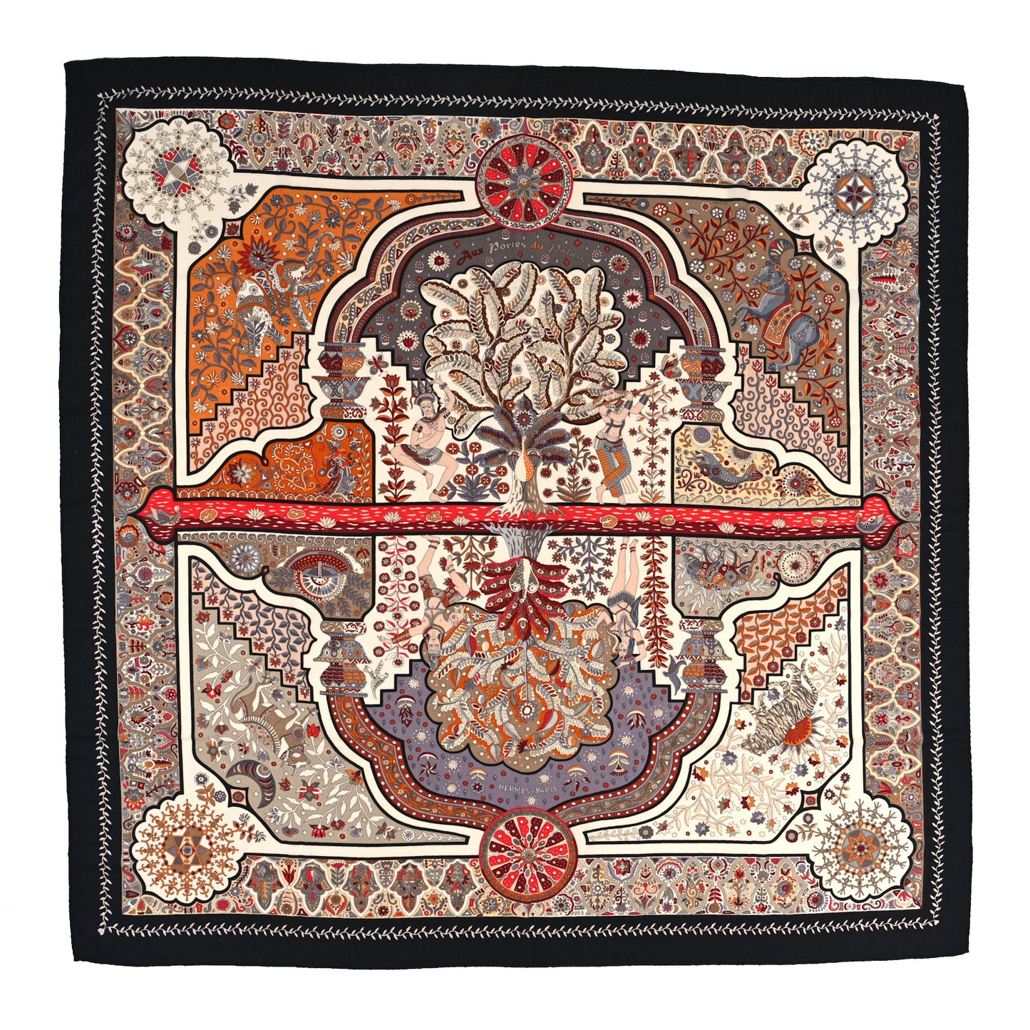 Cashmere Silk Aux Portes Du Palais Shawl 140 Black Beige Rouge