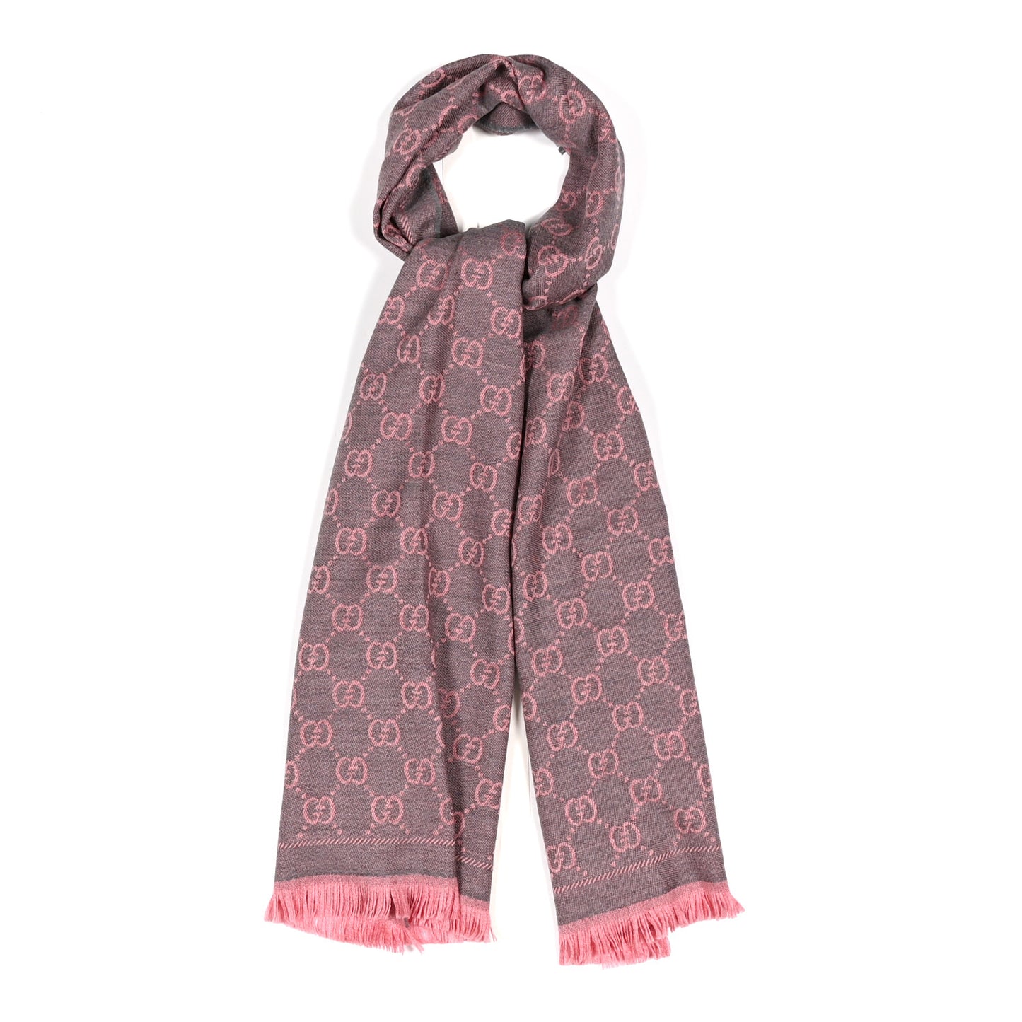 Wool Jacquard GG Monogram Sten Fringe Scarf Graphite Pink