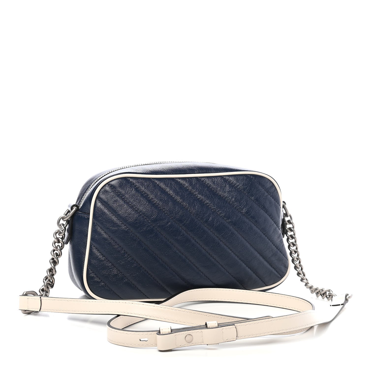 Gucci Vintage Effect Calfskin Matelasse Diagonal Small Torchon GG Marmont Chain Shoulder Bag Blue Agata Mystic White 3 of 9