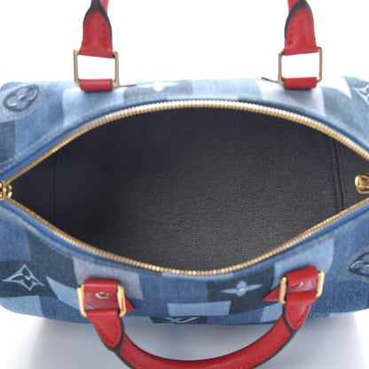 Louis Vuitton Denim Damier Monogram Patchwork Speedy Bandouliere 30 Blue Rouge 5 of 10