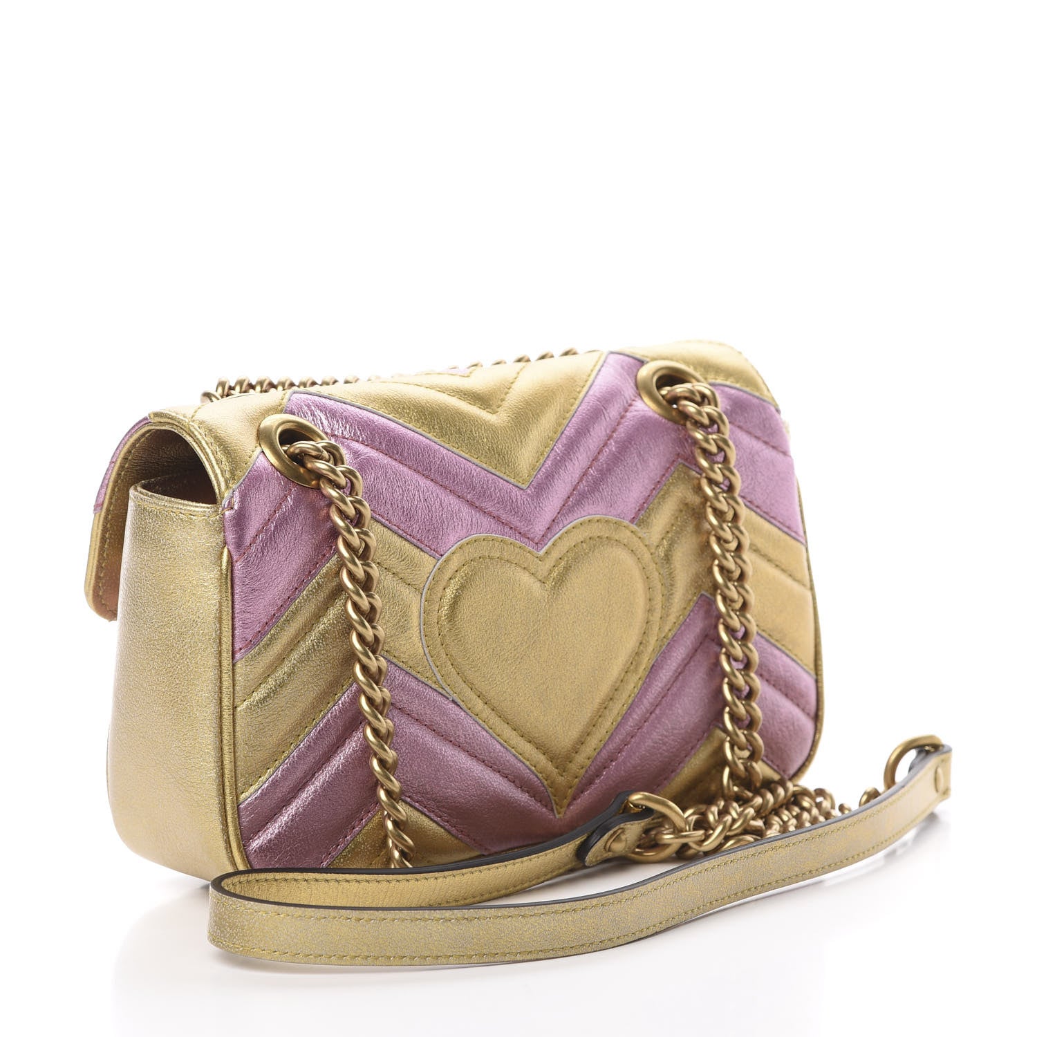 Gucci Metallic Calfskin Matelasse Mini GG Marmont Shoulder Bag Gold Pink 3 of 10