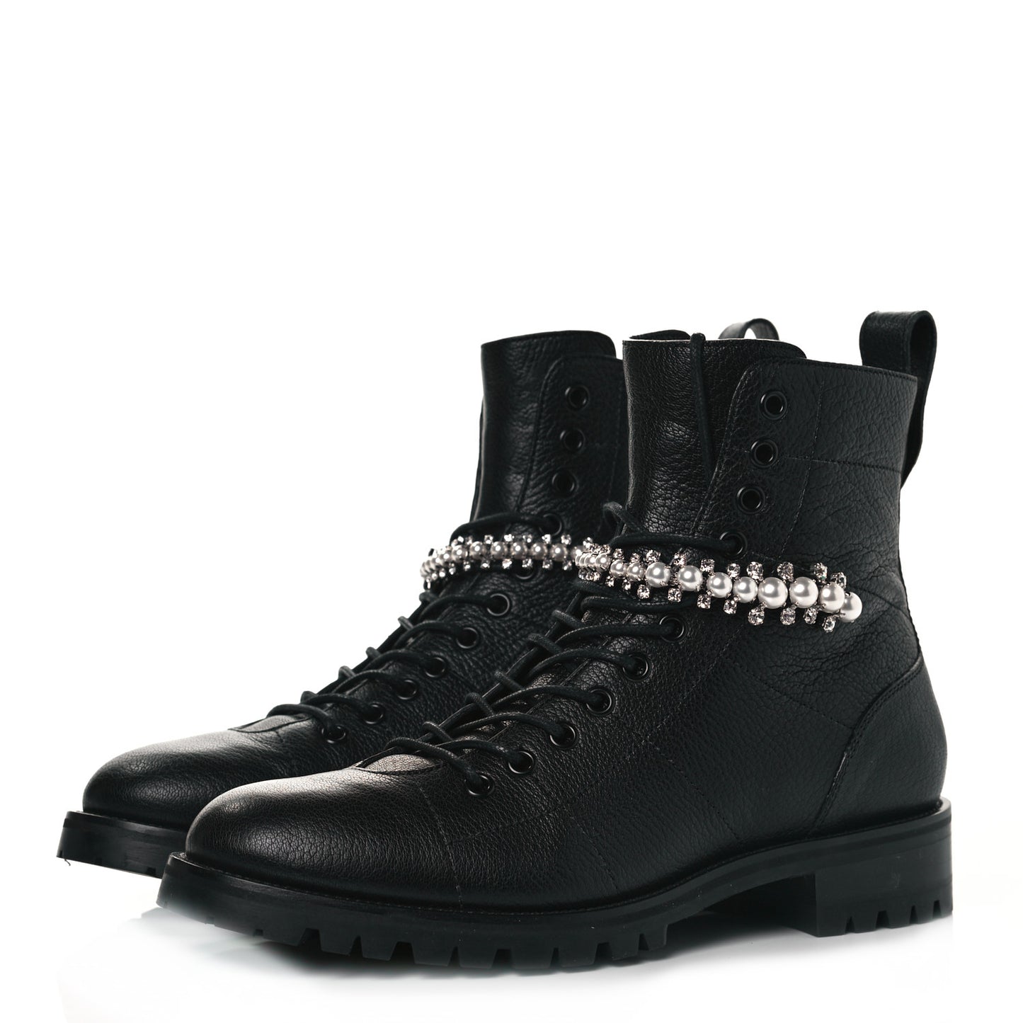 Grained Calfskin Crystal Embellished Cruz Combat Boots 39.5 Black