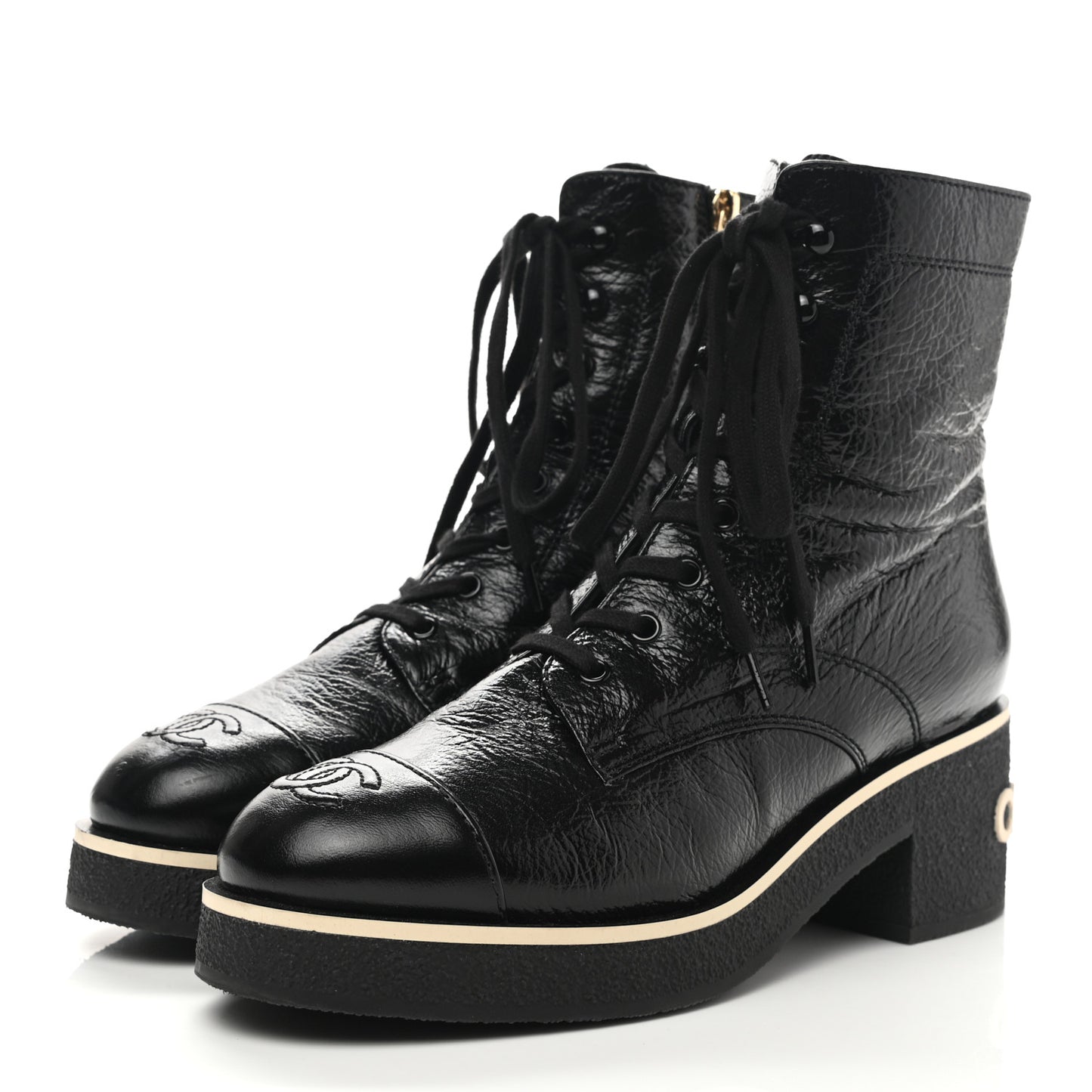 Shiny Crumpled Lambskin Lace Up Combat Boots 40 Black
