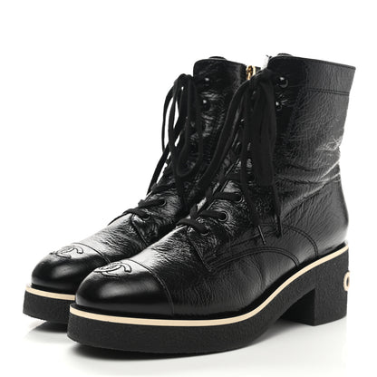 Chanel Shiny Crumpled Lambskin Lace Up Combat Boots 40 Black 3 of 9