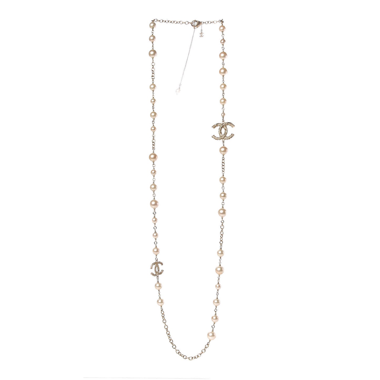 Graduated Pearl Crystal Twisted CC Long Necklace Gold