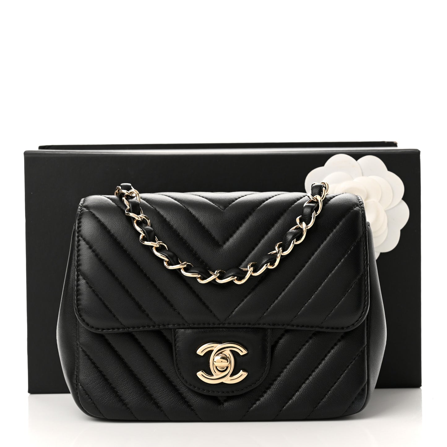 Lambskin Chevron Quilted Mini Square Flap Black