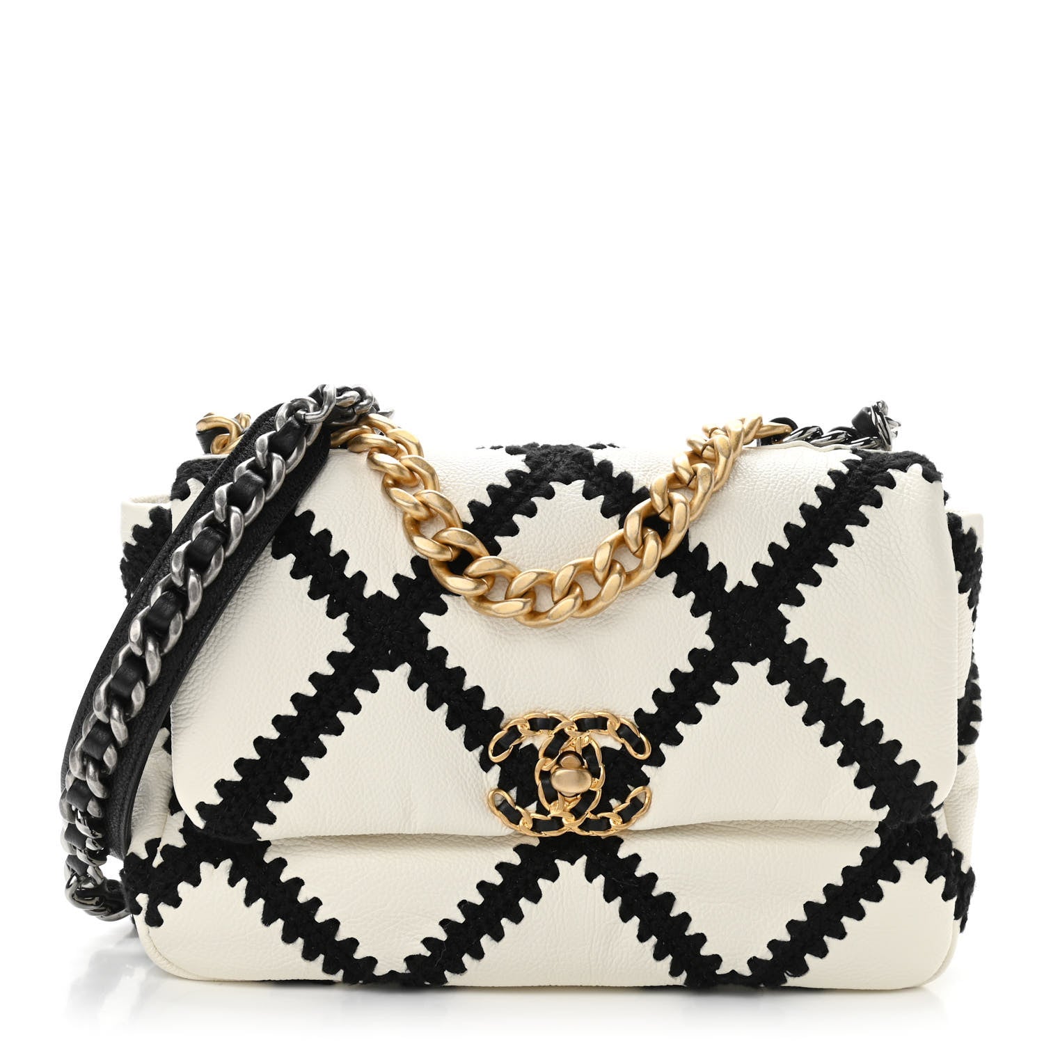 Chanel Calfskin Crochet Medium Chanel 19 Flap White Black 1 of 11