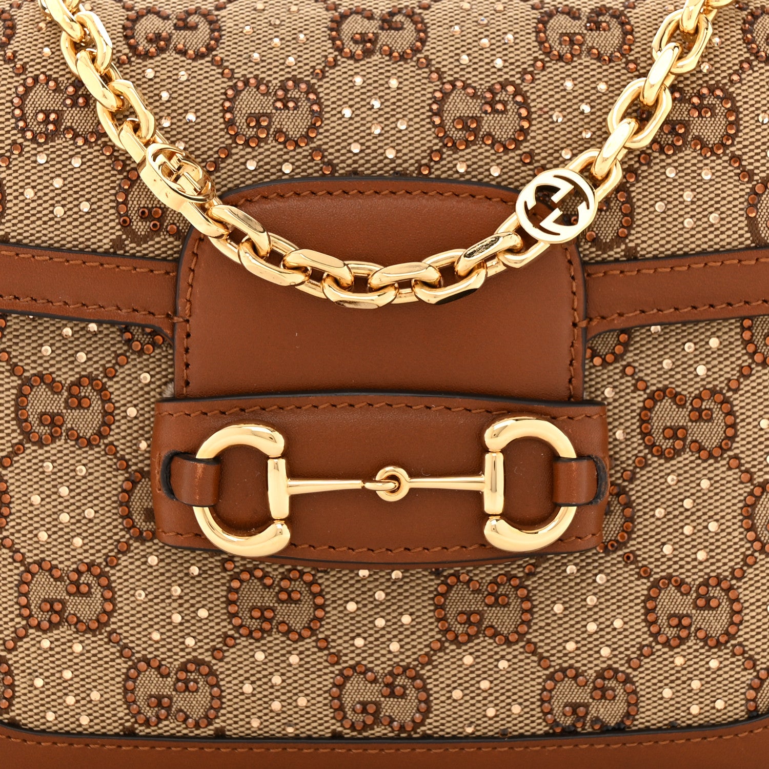 Gucci New Canvas Charisma Calfskin Crystal GG Monogram Mini Horsebit 1955 Shoulder Bag Camel Ebony 8 of 10