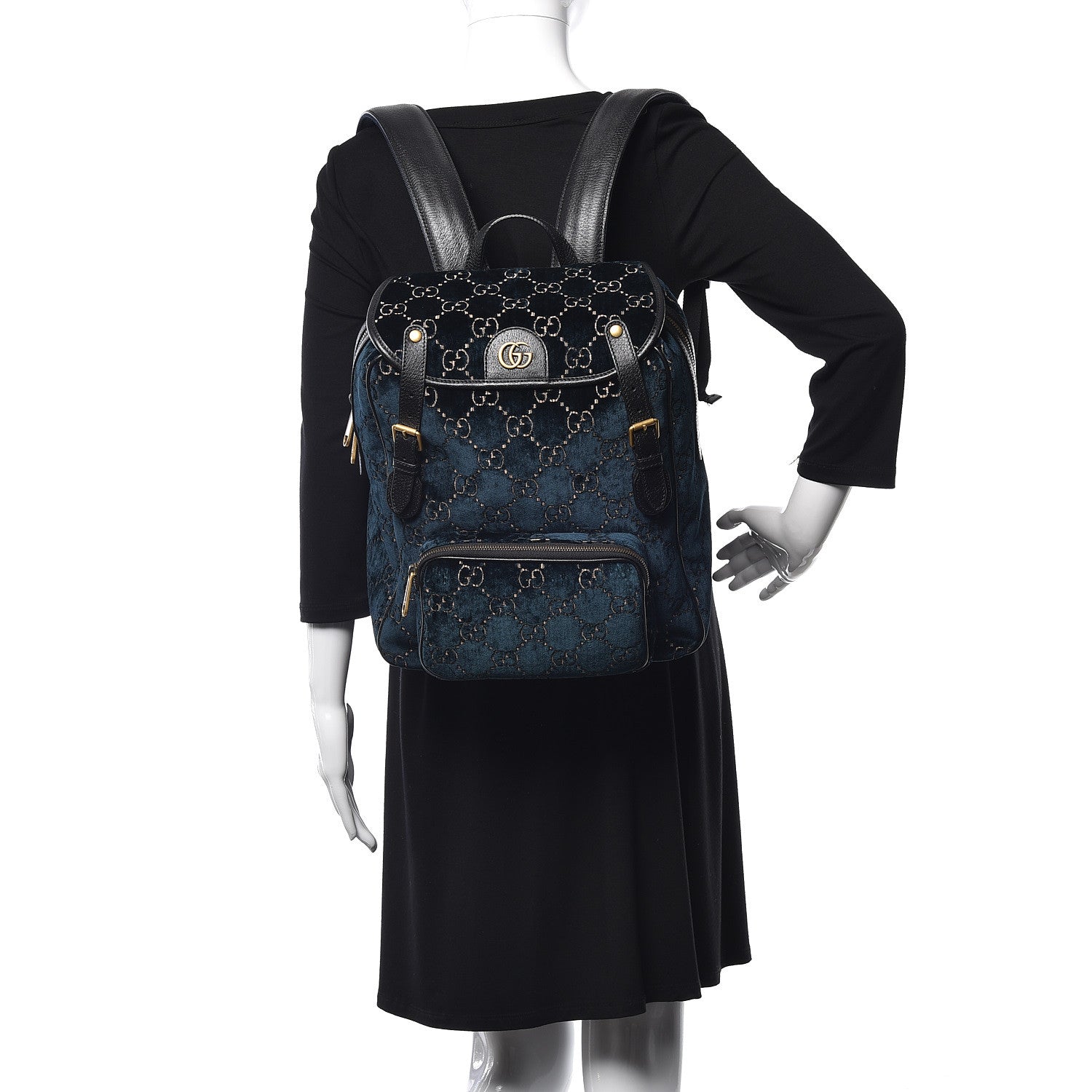 Gucci Velvet GG Monogram Textured Calfskin Web Small Double Buckle Backpack Blue Beige Black 2 of 11