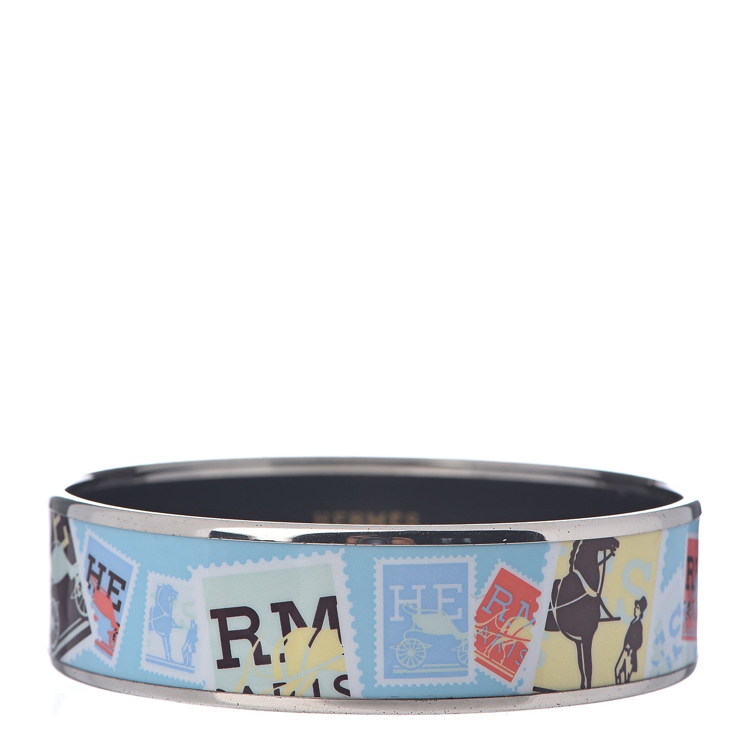 Hermes Enamel Printed Wide De Passage a Paris Bracelet 70 Turquoise 1 of 4