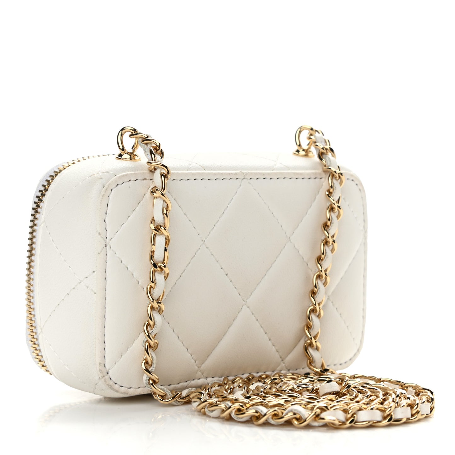 Lambskin Metal Quilted Extra Mini Vanity Case With Chain White Gold