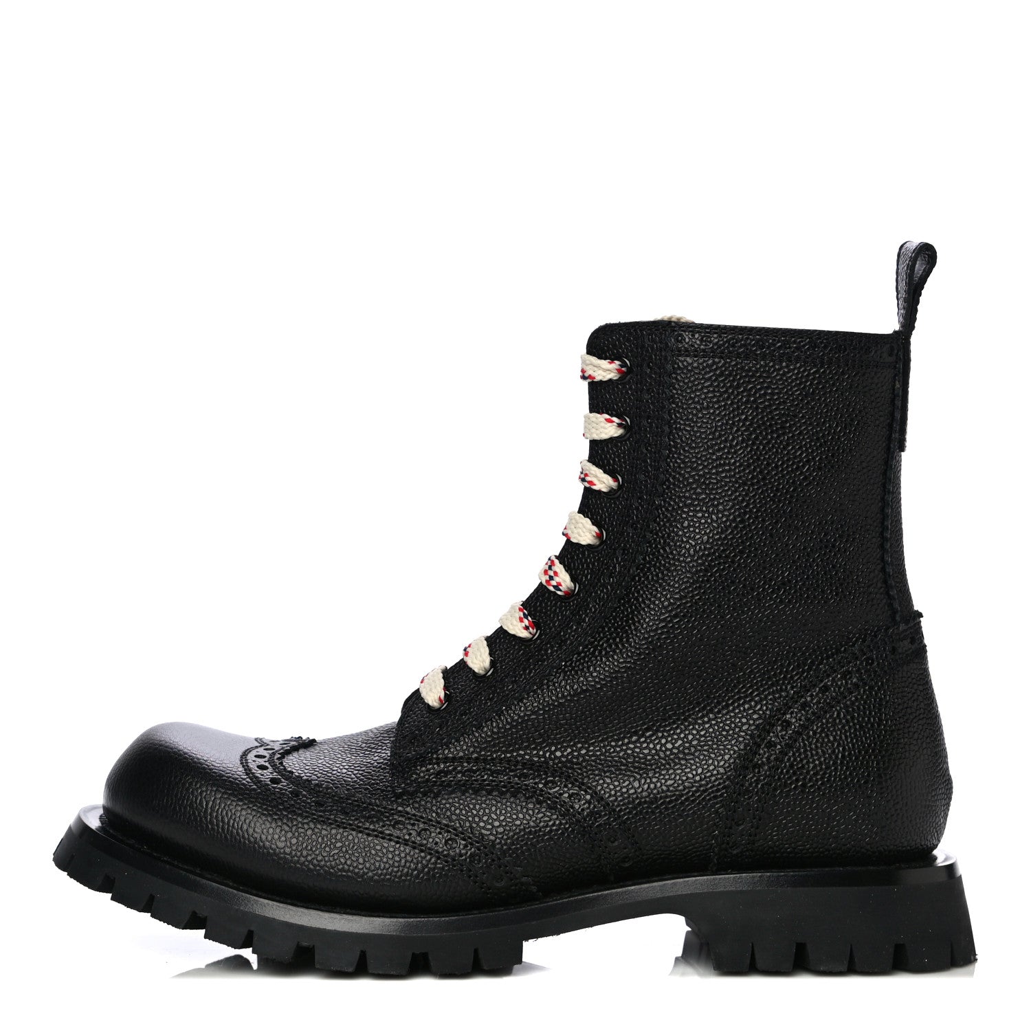 Gucci Grained Calfskin Mens Brogue Wingtip Lug Sole Boots 8 Black 1 of 12