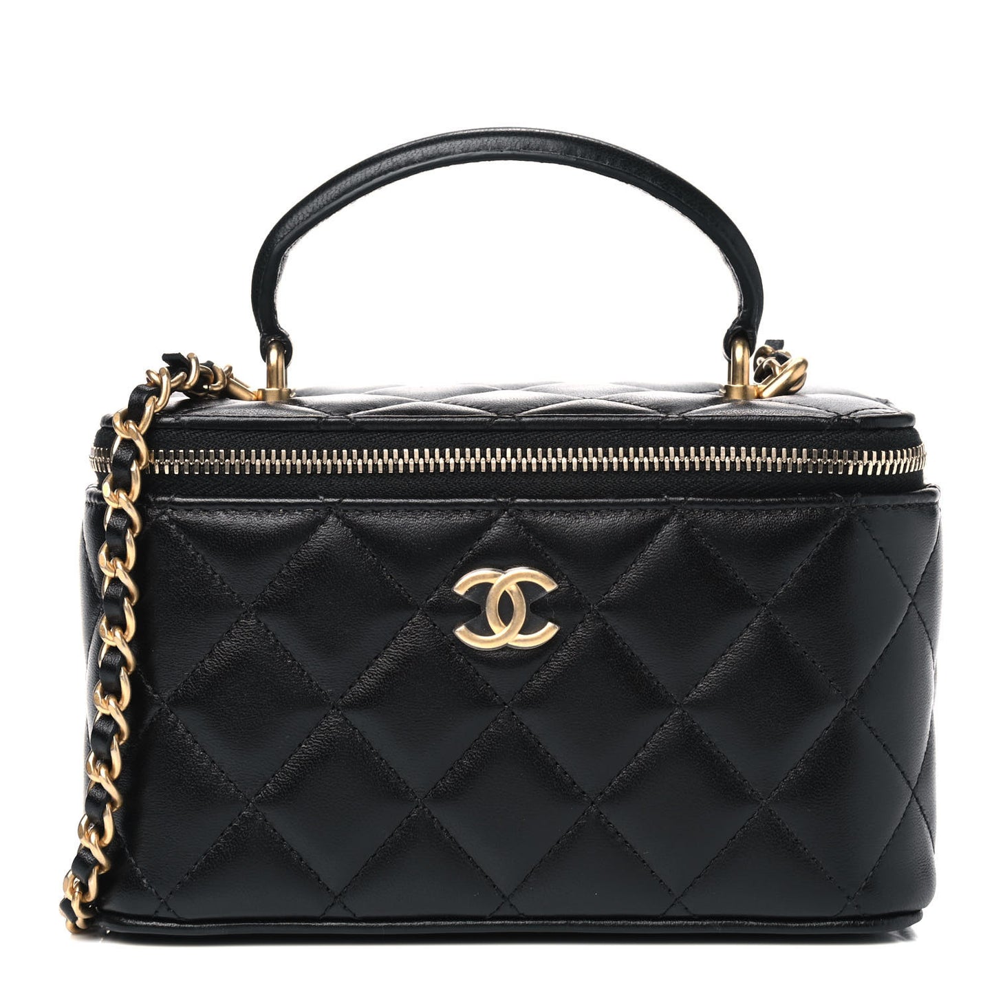 Lambskin Quilted Small Top Handle Vanity Case With Chain Black