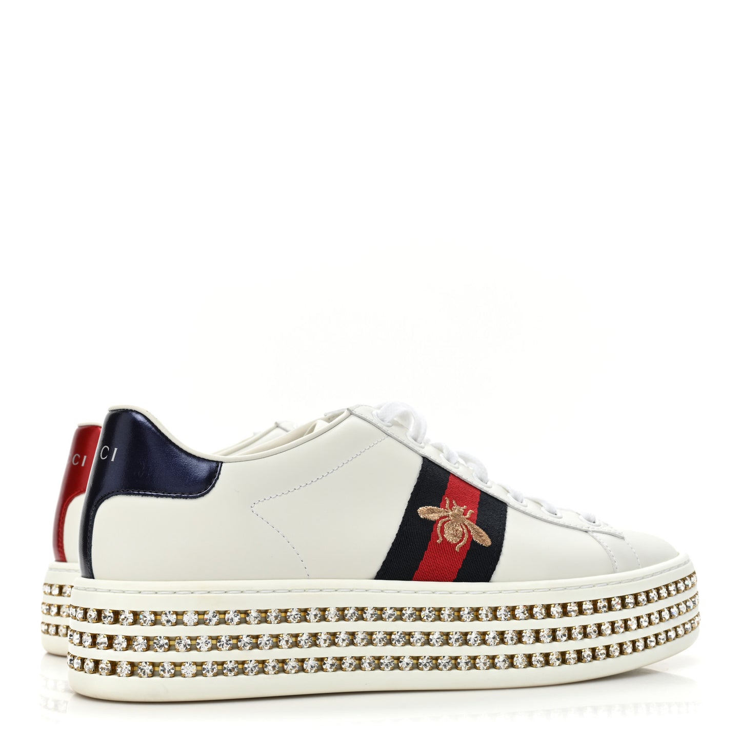 Calfskin Crystal Web Bee Embroidered Womens Ace Platform Sneakers 37 White