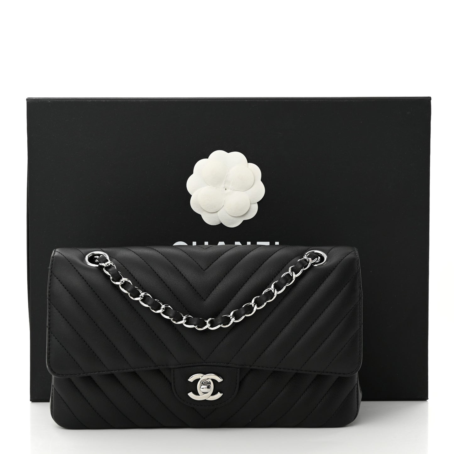 Calfskin Chevron Quilted Medium Double Flap Black