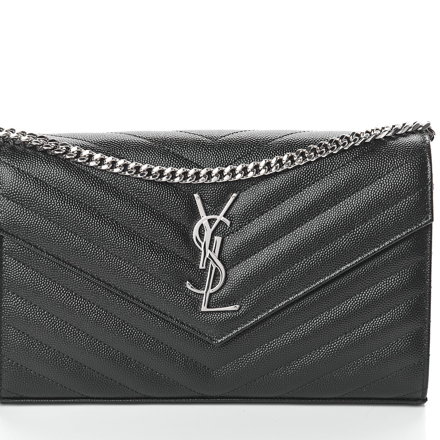 Saint Laurent Grain De Poudre Matelasse Chevron Monogram Chain Wallet Black 6 of 8